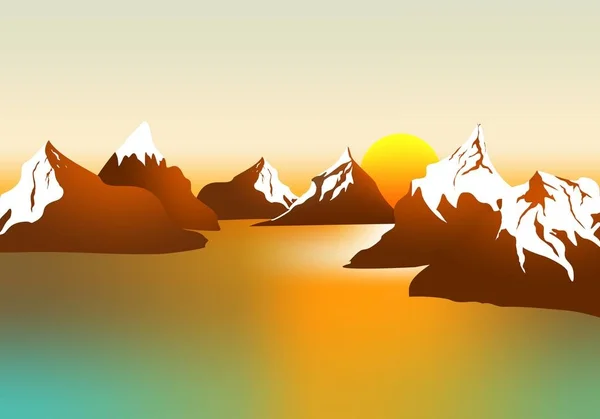 Morgenlandschaft Mit Bergen Und Orangefarbenem Himmel Bei Sonnenaufgang Mit Sonne — Stockvektor