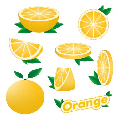 Taze narenciye dilimlenmiş ve tüm turuncu beyaz zemin üzerine yeşil yaprakları ile deri ile ayarlayın. Sağlıklı beslenme kavramı. 