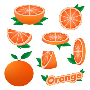 Taze narenciye dilimlenmiş ve tüm turuncu beyaz zemin üzerine yeşil yaprakları ile deri ile ayarlayın. Sağlıklı beslenme kavramı. 