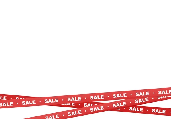 红色缎带下来与白色文字销售和条纹表明销售地方在白色背景 警告和警示业务磁带 — 图库矢量图片