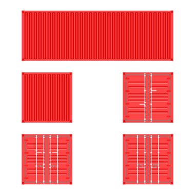 Lojistik Taşımacılık ve nakliye beyaz zemin üzerine kırmızı kargo konteynerler farklı görünümlerde kümesi