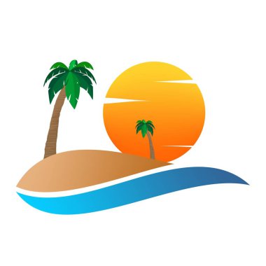 Yaz manzara simgesi turuncu günbatımı, palmiye ağacı üzerinde kum Tepesi ve beyaz bulutlar üzerinde. Bayram tebriki su ile romantik seyahat için. A için çevre imzalamak 