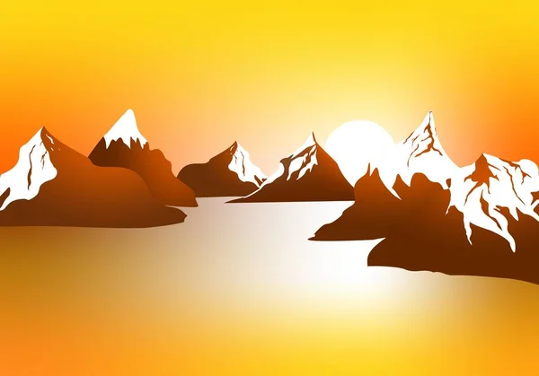 Paisaje Matutino Con Montañas Cielo Anaranjado Amanecer Con Sol Reflejándose — Archivo Imágenes Vectoriales