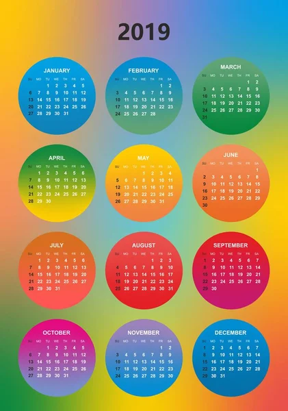 Calendário Cores Simples Para Ano 2019 Nomes Dos Dias Meses — Vetor de Stock