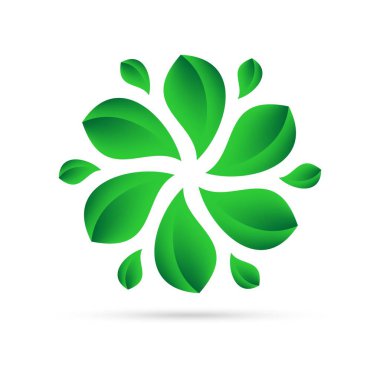 Yeşil Eko simgesinden altındaki gri gölge beyaz bir zemin üzerine bir daire içinde bırakır. Çevre soyut tasarım doğal yuvarlak şekil 