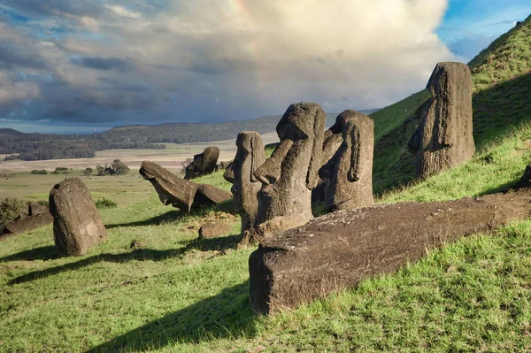 Paskalya Adası Nın Moai Heykelleri Bir Yamaçta Gömülü — Stok fotoğraf