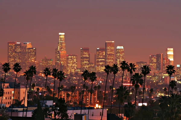 Los Angeles Városképe Alkonyatkor Pálmafákkal Előtérben Stock Fotó