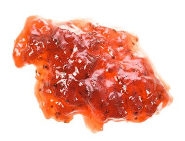 Bir tutam çilek reçeli ve beyaz üzerine izole tohumlar.