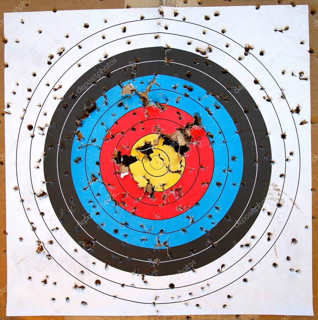 A well used target of concentric circles shot up with many holes