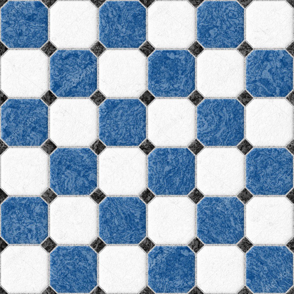 blue and white marble square floor tiles with black rhombs and gray gap - seamless pattern texture background