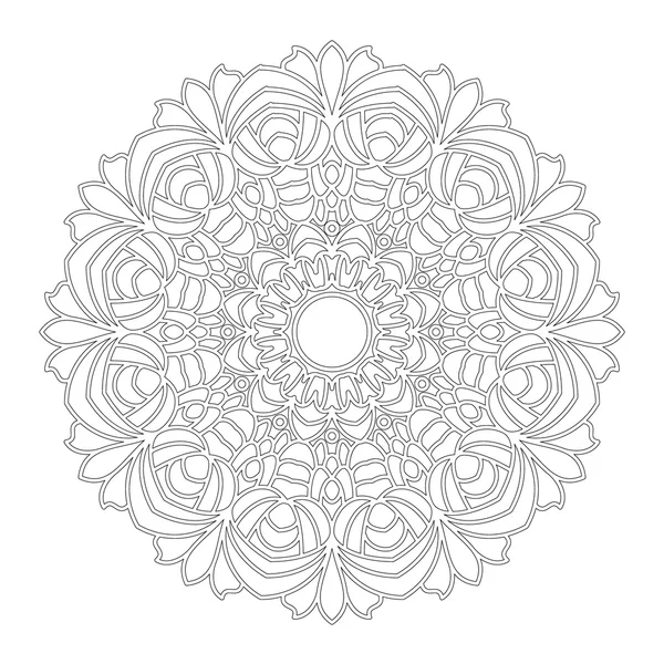 Vetor preto e branco redondo mandala floral geométrica com flores - página do livro de colorir adulto — Vetor de Stock