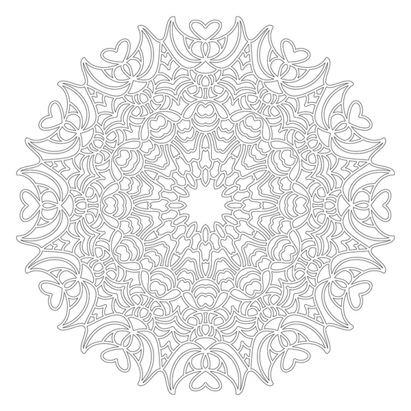 Vetor preto e branco redondo mandala floral geométrica com corações - página do livro de colorir adulto —  Vetores de Stock