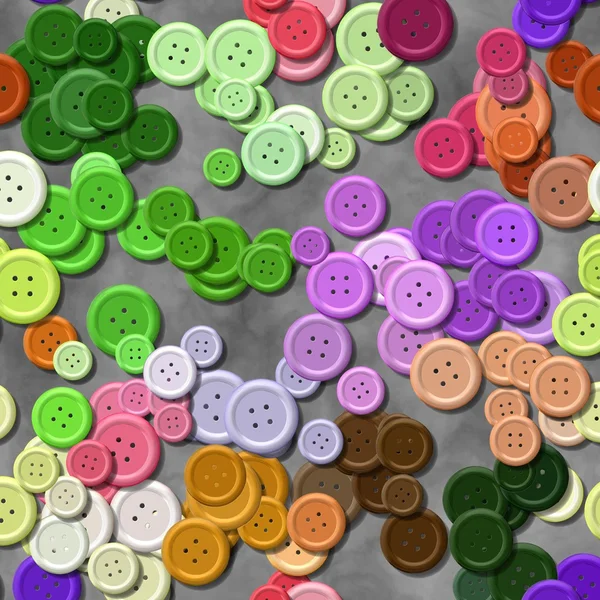 a lot of full spectrum multi colored vintage clothing plastic buttons randomly scattered on the gray background - top view