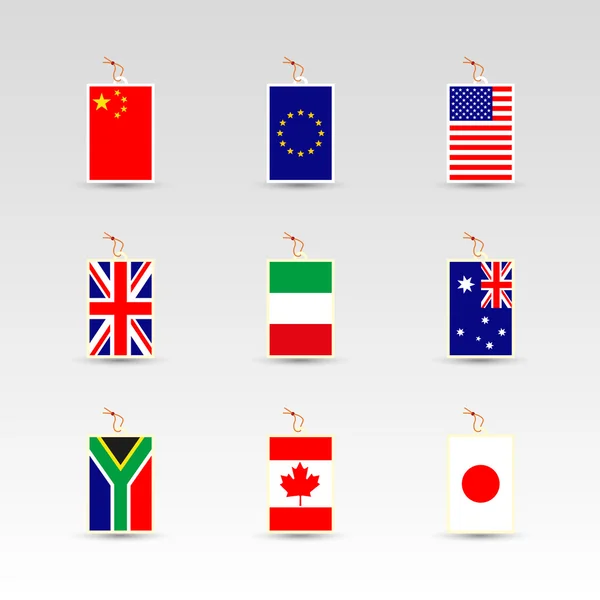 Set gemaakt in etiketten met nationale vlag van china, eu, uk, usa, Italië, Australië, Zuid-Afrika, canada en japan — Stockvector