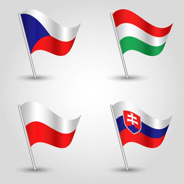 Ensemble de drapeaux V4 groupe de visegrad - République tchèque, Hongrie, Pologne et Slovaquie - drapeau vectoriel d'agitation 3d avec bâton métallique incliné — Image vectorielle