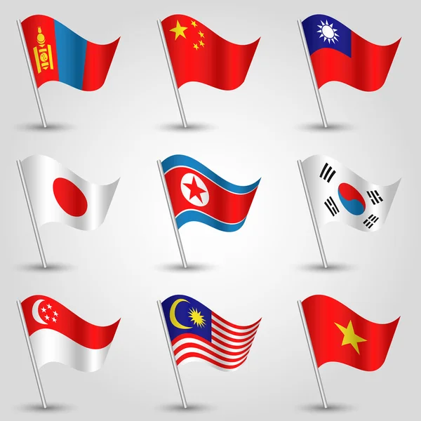 Vector set of nine flags - waving simple triangle vietnamese, singaporean, taiwanese, korean, japanese, mongolian, chinese and malaysia flag on slanted silver pole - icon of states of east asia — Stock Vector