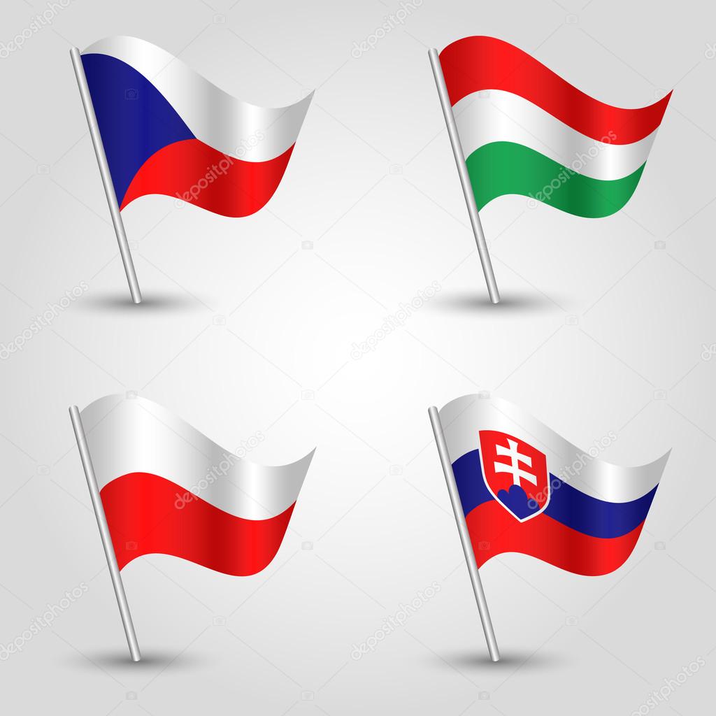 set of flags V4 visegrad group - czech republic, hungary, poland and slovakia - vector 3d waving flag with inclined metal stick