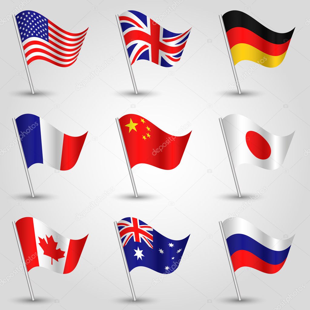set of flags - american, english, german, french, chinese,  japanese, canadian, australian and russian vector waving triangle flag icon on metal stick