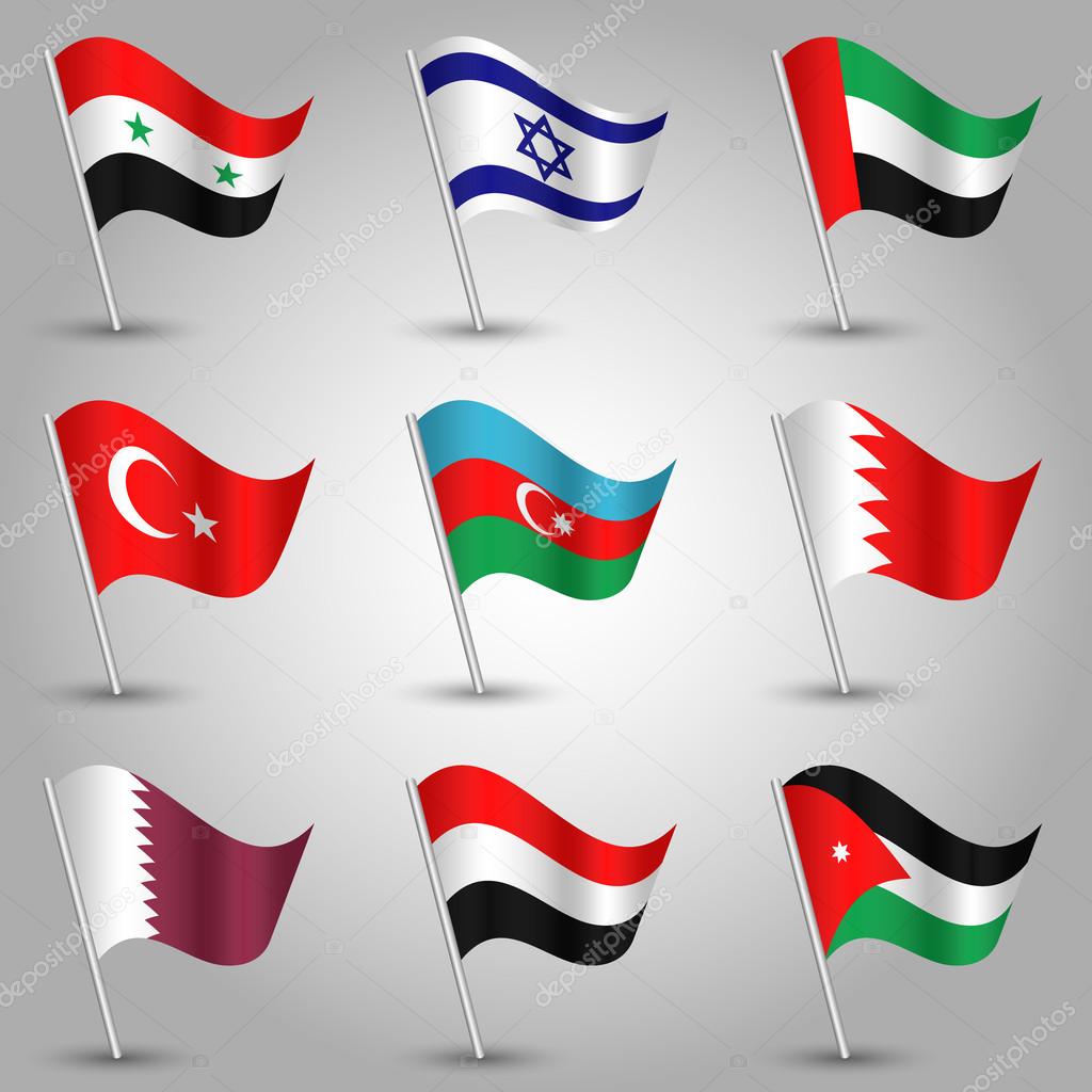 vector set of nine flags - waving simple triangle syrian, bahraini, azerbaijani, jordanian, qatari, yemeni, israeli, turkish and emirati flag on slanted silver pole - icon of states of western asia