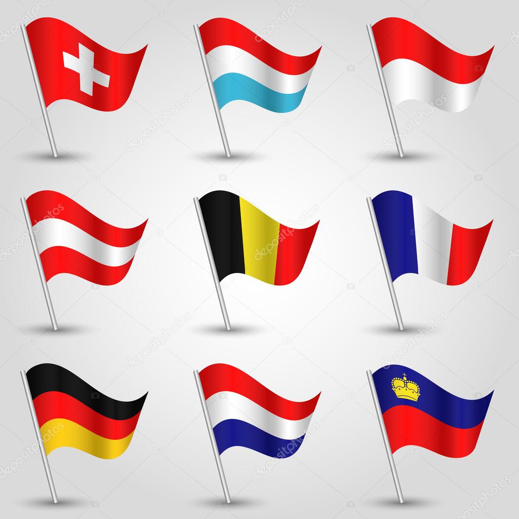 vector set of nine flags - waving simple triangle austrian, belgian, french, german, liechtenstein, luxembourg, monaco, netherlands and swiss flag on slanted silver pole - icon of states of western eu