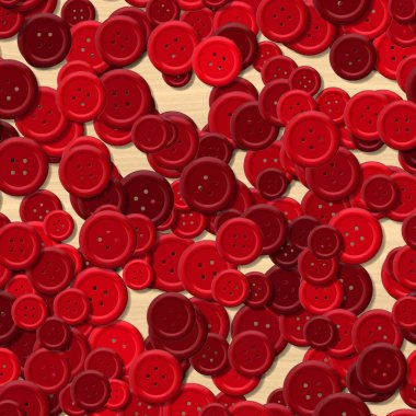 bir sürü kırmızı çok renkli vintage giyim plastik düğmeleri rasgele dağılmış hafif odunsu özgeçmişlerine - Üstten Görünüm