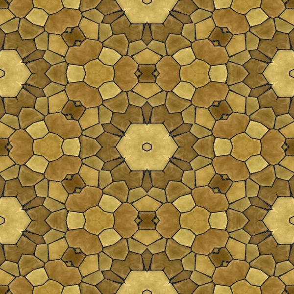 Mosaic kaleidoscope seamless pattern texture background gold beige colored with black grout — Stock Photo, Image