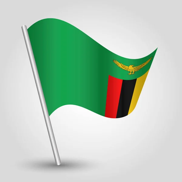 Vector ondeando bandera zambiana triángulo simple en poste de plata inclinado icono de la república de zambia con palo de metal — Vector de stock
