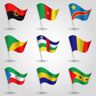 vector set of waving flags central africa on silver pole and - icon of states angola, cameroon, central african republic, chad, democratic republic of congo, republic of congo, equotorial guinea, gabo clipart