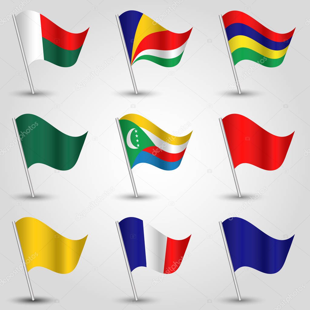 vector set of waving flags east africa on silver pole and blue, red, yellow and green one - icon of states madagascar, mauritius, comoros, seychelles, reunion and mayotte