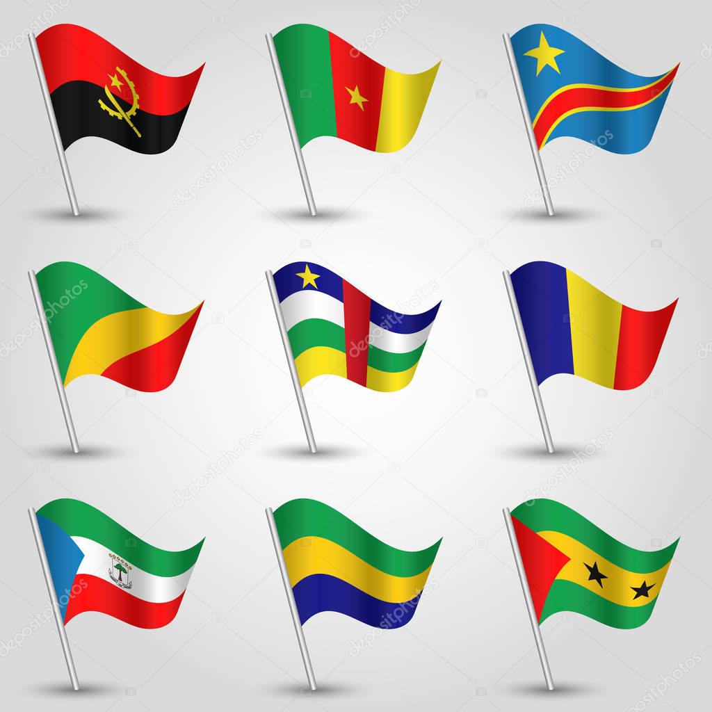 vector set of waving flags central africa on silver pole and - icon of states angola, cameroon, central african republic, chad, democratic republic of congo, republic of congo, equotorial guinea, gabo