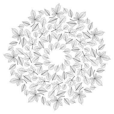 vektör siyah ve beyaz yuvarlak sonbahar yapraklı mandala - yetişkin kitap sayfa boyama