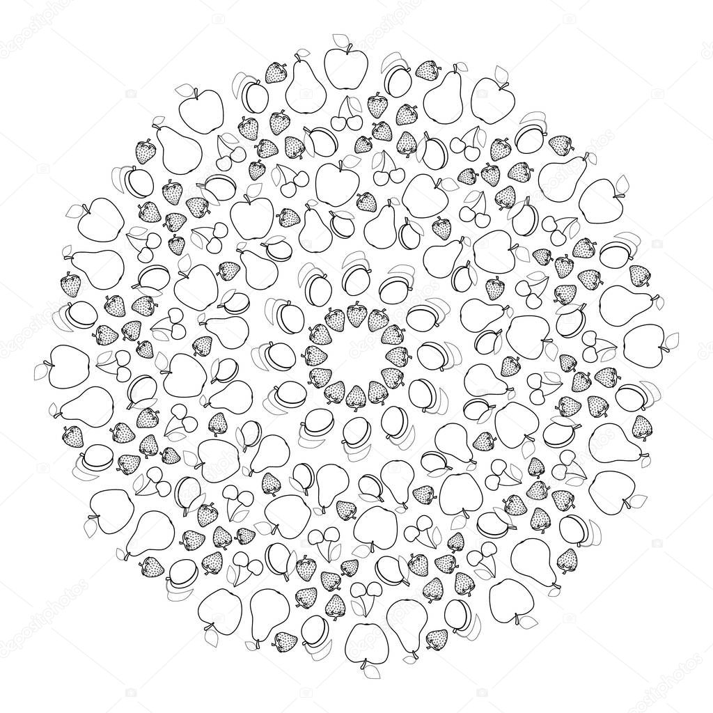 vector black and white round summer fruity mandala - adult coloring book page