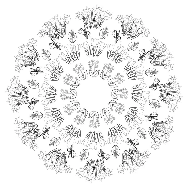 Vecteur noir et blanc rond printemps floral mandala - livre de coloriage pour adultes - fleurs tulipe, dafodile, perce-neige, onagre et lis de la vallée — Image vectorielle