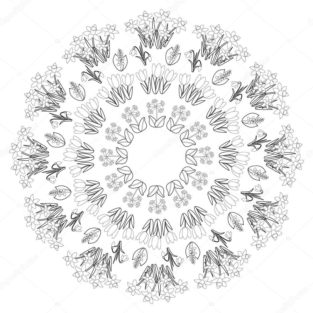 vector black and white round spring floral mandala - adult coloring book page -  flowers tulip, dafodil, snowdrop, primrose and lily of valley