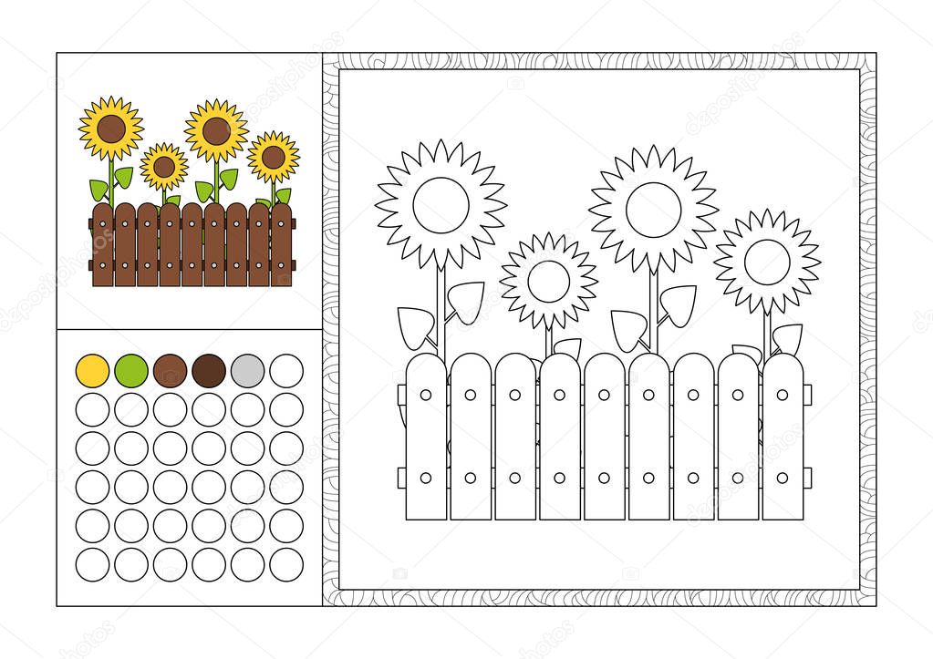 adult coloring book page with colored template, decorative frame and color swatch - vector black and white contour picture - yellow sunflowers growing in garden behind woody fence