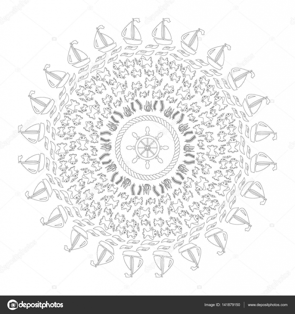 Vector Zwart Wit Ronde Marine Mandala Met Symbolen Zee Vissen