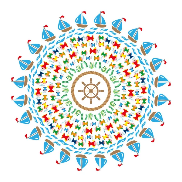 Vettoriale colorato mandala rotondo marina con simboli - pesci di mare, onde, navi, piante subacquee, corda ritorta e timone nel mezzo - adulto colorazione libro pagina — Vettoriale Stock