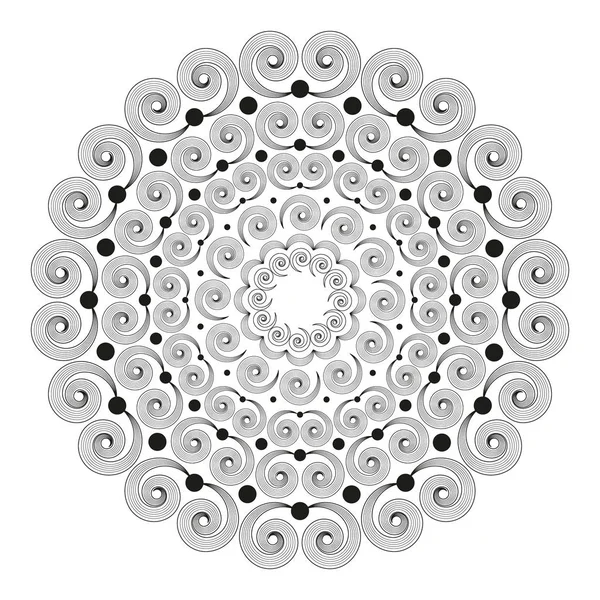Векторная черно-белая круглая мандала с полосатыми вьющимися спиралями - страница книги раскраски для взрослых — стоковый вектор