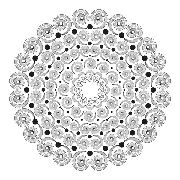 Vector mandala redondo blanco y negro con espirales rizadas rayadas - página del libro para colorear para adultos — Archivo Imágenes Vectoriales