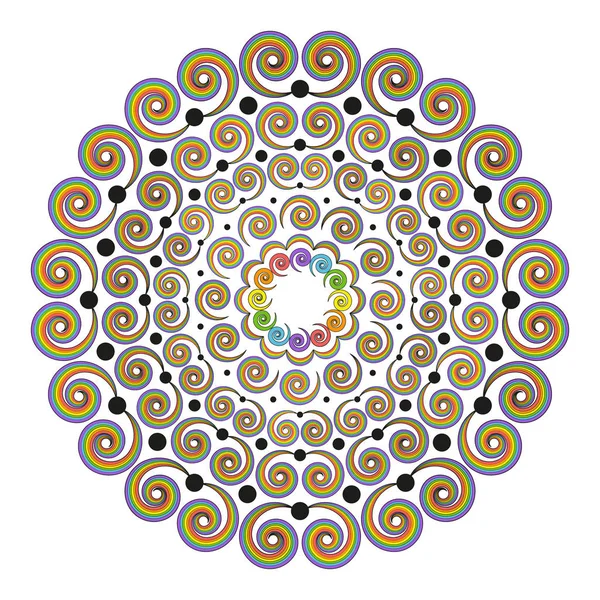 Vector de color redondo arco iris espectro mandala con espirales rizadas - adulto para colorear página del libro — Vector de stock