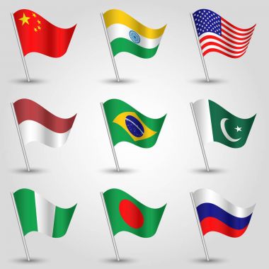 vector set of nine waving flags of states with biggest population on silver pole - icon of country china, india, united states of america, indonesia, brazil, pakistan, nigeria, bangladesh and russia clipart