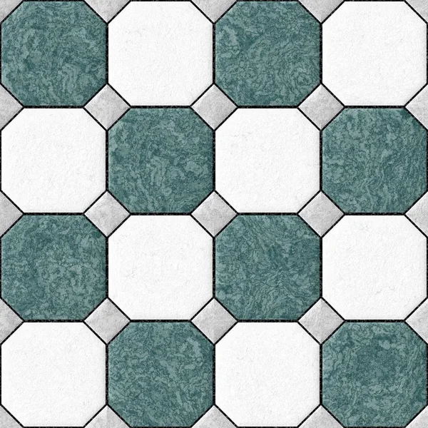 Marble square floor tiles with gray rhombs and black gap seamless pattern texture background - blue, green and white color — Stock Photo, Image