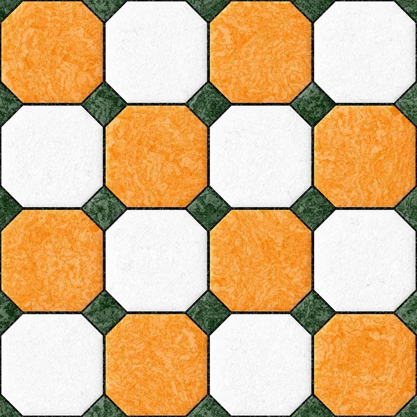 大理石の rhombs 証明される緑と黒のギャップ シームレス パターン テクスチャ背景 - 正方形の床タイルをオレンジと白の色 — ストック写真