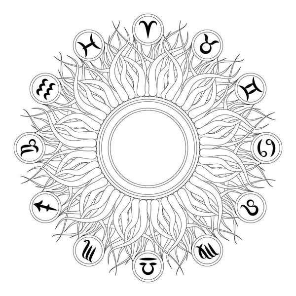 Μαύρο και άσπρο στρογγυλή γεωμετρικά μάνταλα με δώδεκα Ζωδιακό σύμβολα - ενήλικος χρωματισμός σελίδα του βιβλίου - Κυρ σχέδιο με αντίγραφο χώρο στη μέση του φορέα — Διανυσματικό Αρχείο