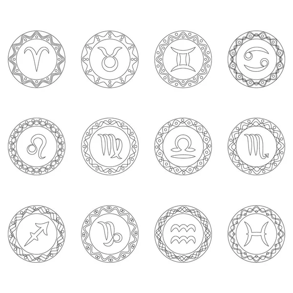 Conjunto completo doze sinais de símbolos do zodíaco em armações redondas - contorno preto e branco - página de livro de colorir adulto —  Vetores de Stock
