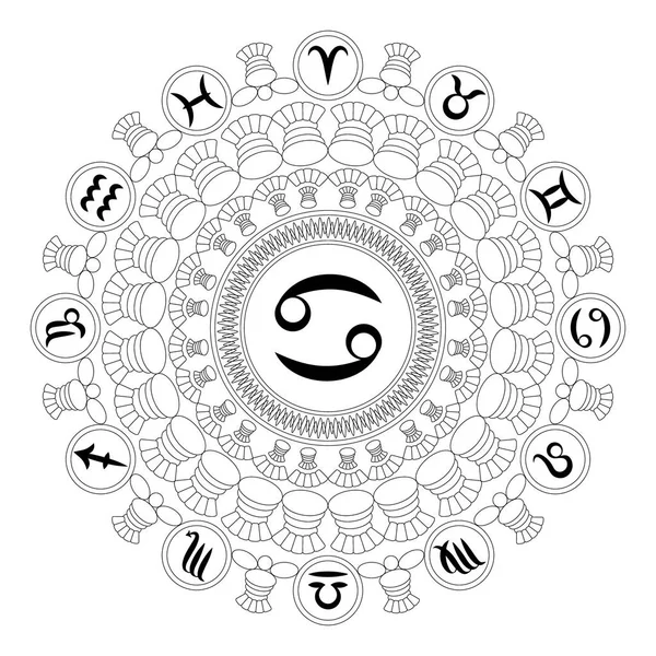 Векторная черно-белая круглая геометрическая мандала с символом зодиака рака - страница книги раскраски для взрослых — стоковый вектор