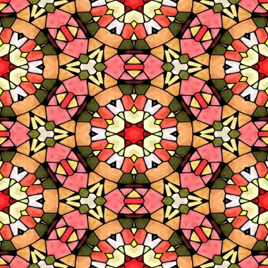 Mozaik kaleydoskop Dikişsiz desen doku arka plan - pembe, turuncu ve yeşil renkli siyah harç ile