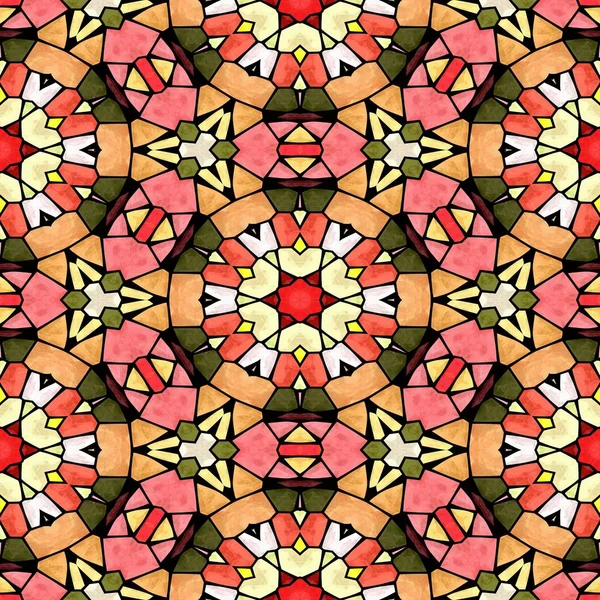 Mosaic kaleidoscope seamless pattern texture background - pink, orange and green colored with black grout — Stock Photo, Image