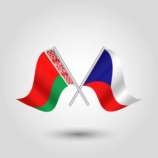 Vector waving simple triangle two crossed czech and byelorussian flags on slanted silver pole - icon o czech republic and belarus — Stock Vector