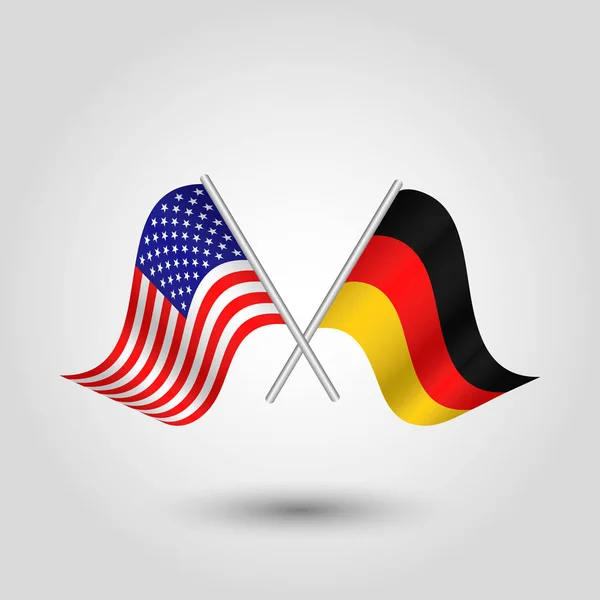 Vektor mává jednoduchý trojúhelník dva zkřížené americké a německé vlajky na šikmé stříbrné pole - ikony Spojené státy of Amerika a Německo — Stockový vektor